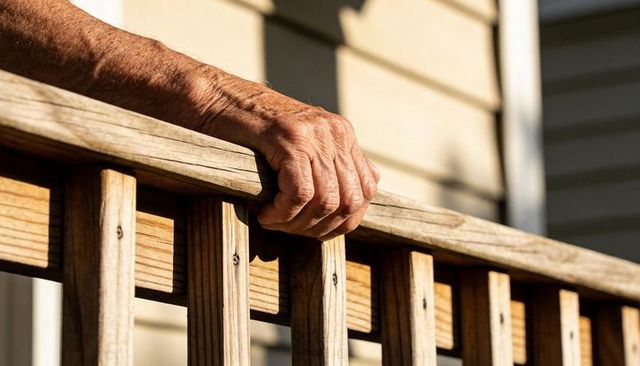 Sunlit elderly hand gripping weathered wooden porch railing with balusters and grain