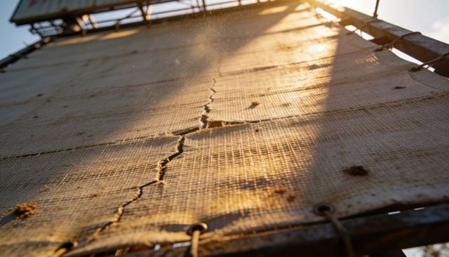 Sunlit worn tarp with jagged tear on rusted billboard frame at golden hour