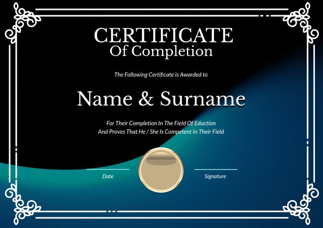 This elegant certificate of completion template with a blue and black background is perfect for recognizing and awarding accomplishments in education or any professional field. The modern design and customizable format make it suitable for schools, organizations, and businesses looking to honor the achievements of their students or employees. Ideal for printing and presenting during ceremonies or digitally sharing online.