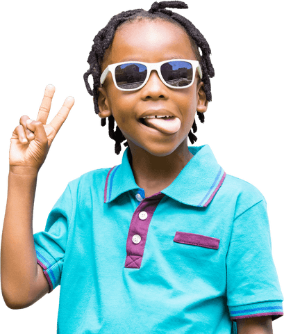 Cheerful Boy With Sunglasses Showing Peace Sign Against Transparent Background