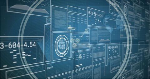 Futuristic data dashboard with analytical graphs and maps