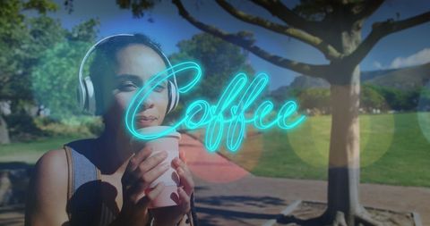 African American Woman Enjoying Coffee in Park with Neon Effect