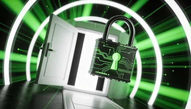 Neon Green Cybersecurity Padlock Hovering Over Open Door Portal Symbol Data Protection