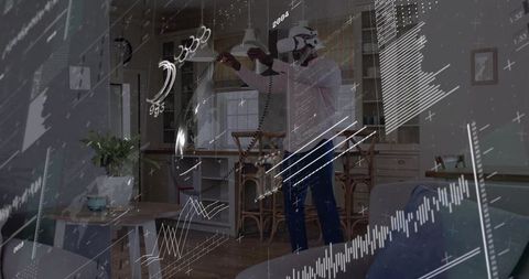 Exploring virtual reality with headset and controllers in living room with hud overlays