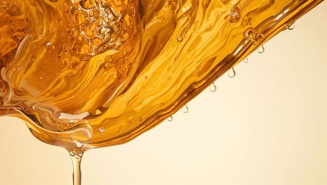 Flowing amber liquid ribbon dripping glossy droplets and suspended air bubbles