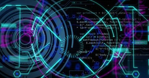 Futuristic digital data interface with code and scanning graphics