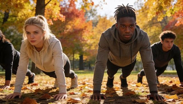 Performing push-ups in autumn park, group outdoor fitness training and team workout