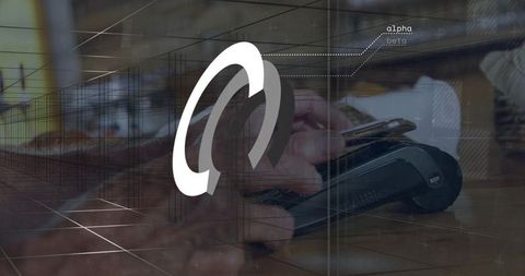 Senior tapping contactless card over terminal on wooden counter with fintech overlay