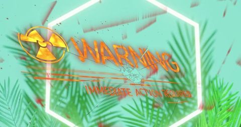 Shattering warning hexagon sign over tropical palm fronds neon hazard graphic bold high-contrast