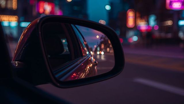 Night drive through neon streets reflected in car side mirror