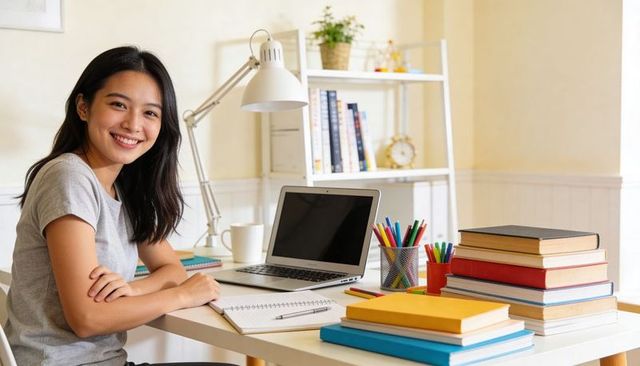 Smiling asian woman working at tidy minimalist home office desk with laptop and books