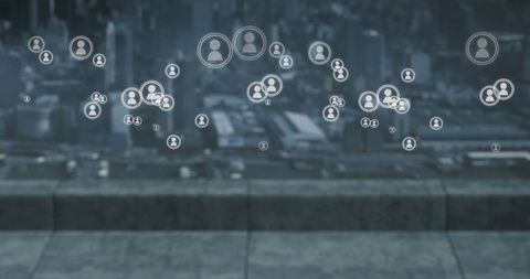 Digital Network Icons Overlaying Global Cityscape Illustrating Connectivity