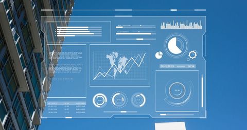Futuristic Data Interface with Tall Buildings Against Blue Sky - Download Free Stock Images Pikwizard.com