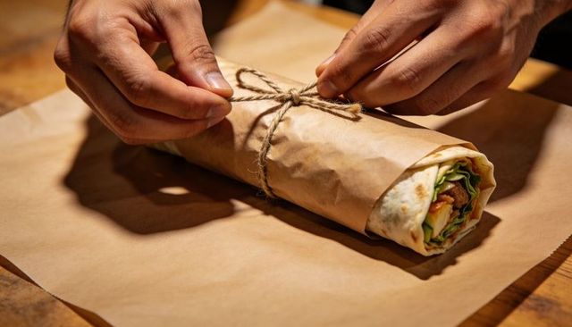Tying rustic twine around wrapped tortilla on parchment board for takeaway