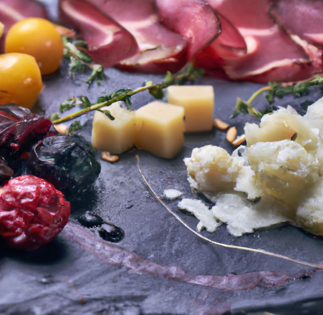 Image of close up of plate of cold foods with meat and cheese on grey background. Cooking, cuisine and food concept.