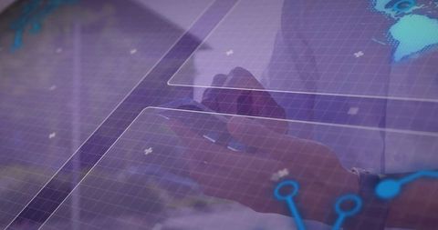 Businessman holding smartphone tapping holographic world map on transparent digital interface