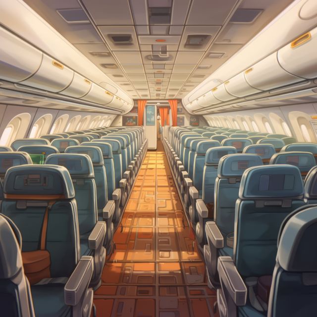 Interior of airplane with empty blue seats, created using generative ai technology. Airplane, travel and transport concept digitally generated image.