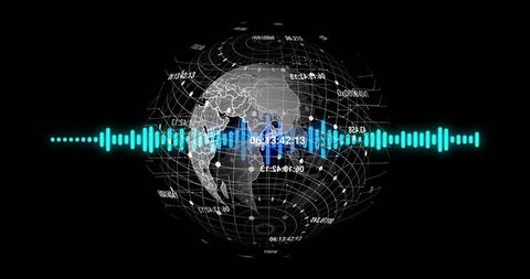 Futuristic 3D Globe with Data Visualization and Audio Waveform