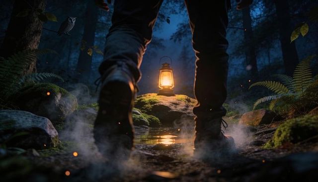 Booted hiker stepping through misty forest pool toward warm lantern glow night adventure