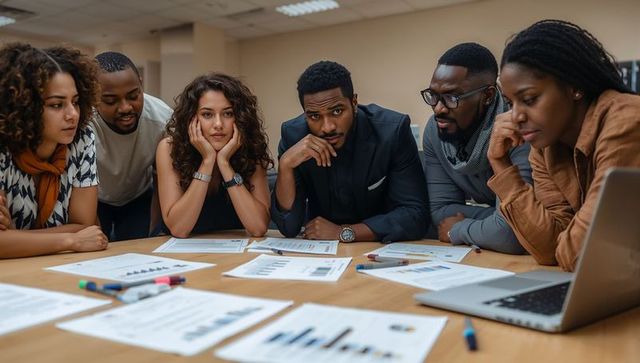 Diverse business team reviewing reports and charts around conference table, focused collaboration