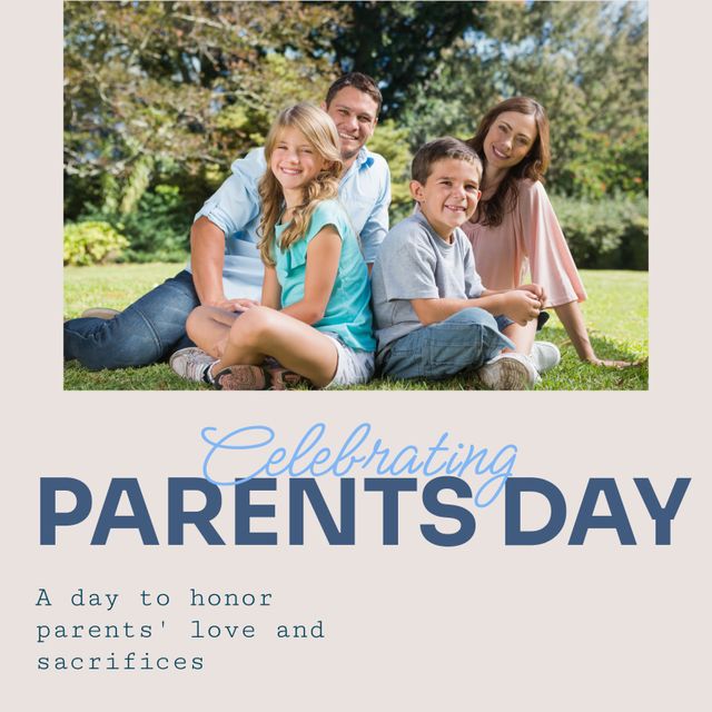 This image depicts a joyful family celebration outdoors for Parents' Day. Perfect for use in social media campaigns, greeting cards, or advertising related to family values, celebrations, and appreciation of parents. The bright and cheerful setting emphasizes love and happiness, making it ideal for evoking warm emotions.