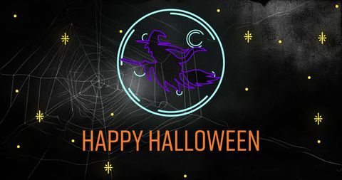 Neon Witch with Happy Halloween Text on Black Background
