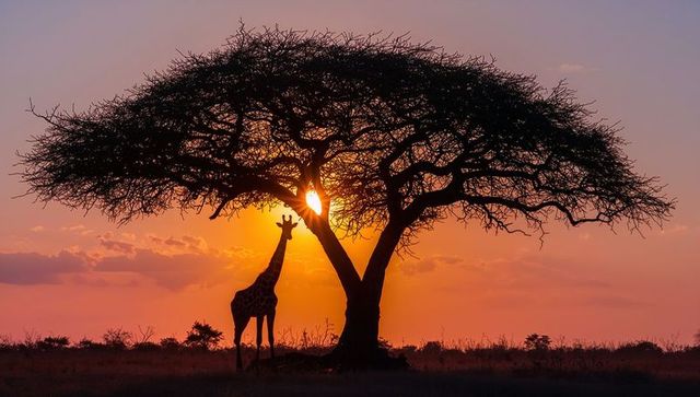 Silhouette of Giraffe and Acacia at Sunset on African Savannah
