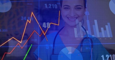 Smiling nurse presenting healthcare analytics overlay with charts, graphs and stethoscope