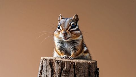 Expressive chipmunk perching on tree stump