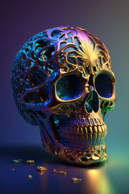 Golden mexican decorative sugar skull on purple background, using generative ai technology. Skull, mexico and traditional concept.