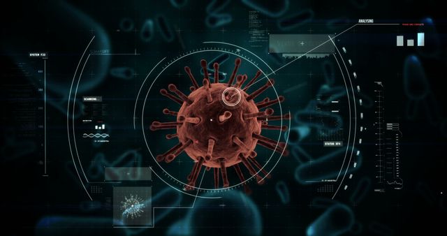 Depicts a futuristic analysis of a virus using advanced digital interfaces and data visualization. Useful for articles and content about pandemic research, medical advancements, biotechnology, and healthcare technology.