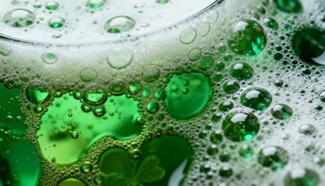 Macro green bubbles and foam showing clover reflections, translucent emerald liquid texture