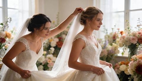 Blonde bride getting veil adjusted by friend in sunlit floral bridal suite, lace gowns