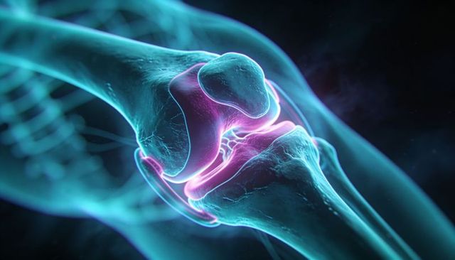 Neon glowing knee joint 3d anatomy render highlighting cartilage, femoral condyles, tibia