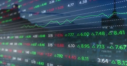 Futuristic Stock Market Data Overlay on Urban Skyline