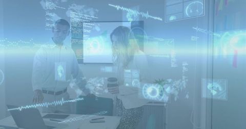 Business Team Reviewing Data with Holographic Analytics in Modern Meeting Room