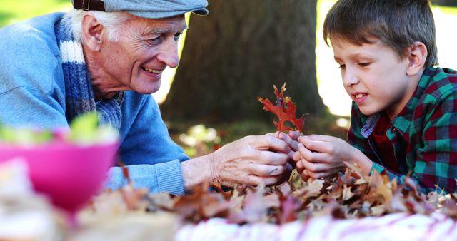 Grandfather and Grandson Enjoying Outdoor Autumn Activity - Download Free Stock Images Pikwizard.com