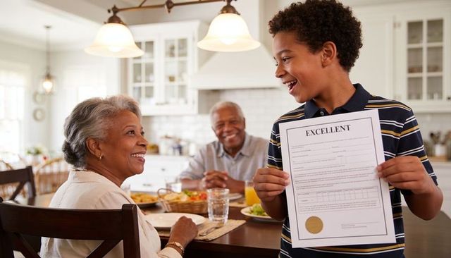 Grandson holding excellent certificate while grandparents celebrate at bright kitchen table