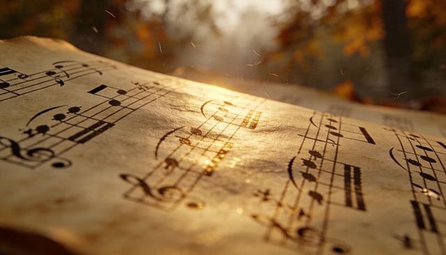 Golden sunlit vintage sheet music catching sunlight in autumn woods, nostalgic score