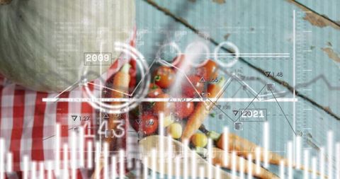Fresh farm produce with data analytics overlay on rustic turquoise wood and gingham cloth