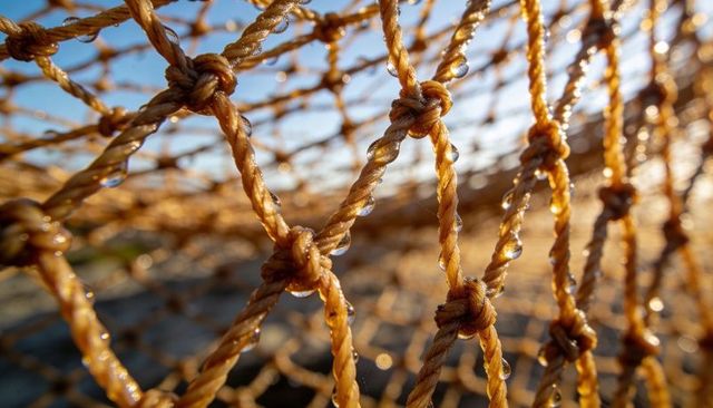 Sunlit golden fishing net closeup, water droplets on knotted rope, warm backlit bokeh