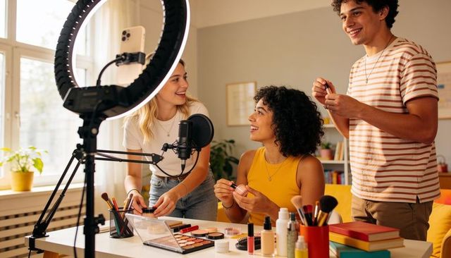 Beauty influencers recording makeup tutorial with ring light and microphone in home studio