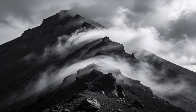 Jagged ridge cutting across alpine slopes with mist veils monochrome dramatic landscape