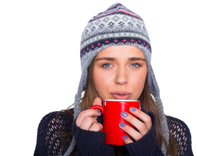 Transparent young woman in winter clothing drinking hot coffee - Download Free Stock Videos Pikwizard.com