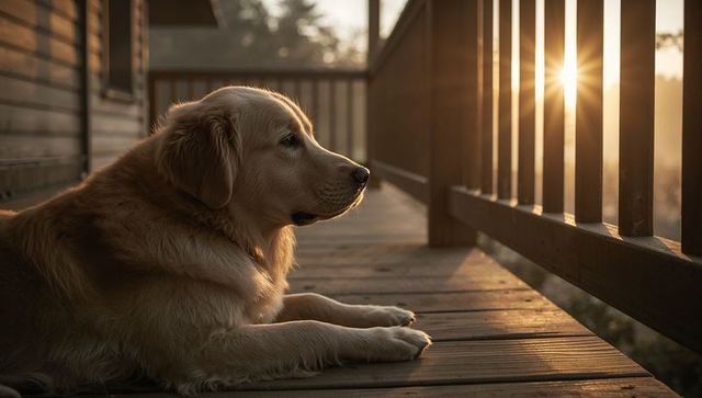 Golden retriever basking on wooden porch during warm golden-hour sunset light