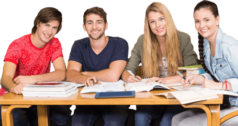 Smiling young adults collaborating at desk with transparent background