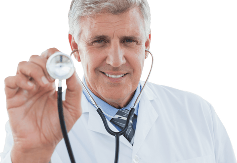 Transparent view of a cheerful doctor holding stethoscope