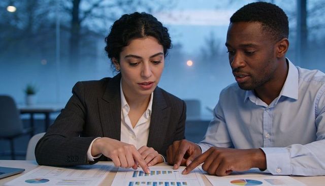 Business colleagues analyzing charts and reports at table, collaborating on data insights