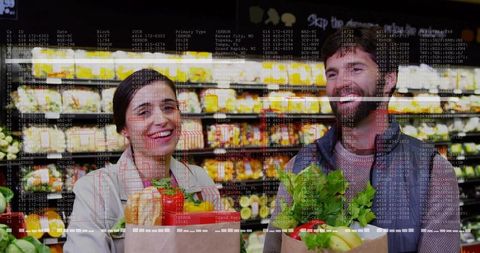 Smiling couple shopping with paper bags of fresh produce in bright grocery aisle, tech overlay