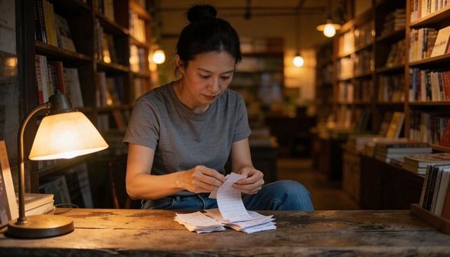 Asian woman sorting receipts at wooden counter in cozy bookstore under warm lamp glow